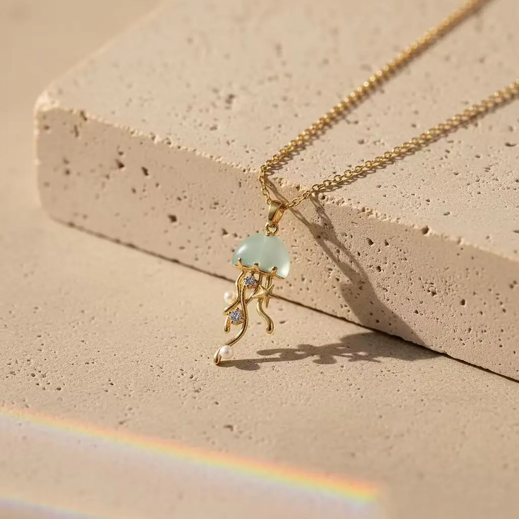 Dainty Gold Jellyfish Necklace | Minimalist Ocean Charm Pendant | Zircon Inlay Pearl Jewelry | Under The Sea Gift for Her