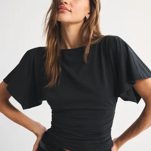 Women's Summer New Bat Sleeve Ruched Waist Fit Top Womenswear, Fashion Y2K Streetwear Trend Versatile Casual Shirt, Soft and Comfortable Basic T-Shirt Batwing for All Seasons