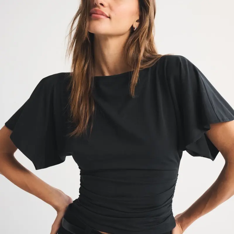 Women's Summer New Bat Sleeve Ruched Waist Fit Top Womenswear, Fashion Y2K Streetwear Trend Versatile Casual Shirt, Soft and Comfortable Basic T-Shirt Batwing for All Seasons
