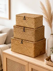 Nonam Handwoven Natural Seagrass Bin with Lid Set of 3 Rectangular Household Storage Boxes for Home Organization Boho Decor Gift