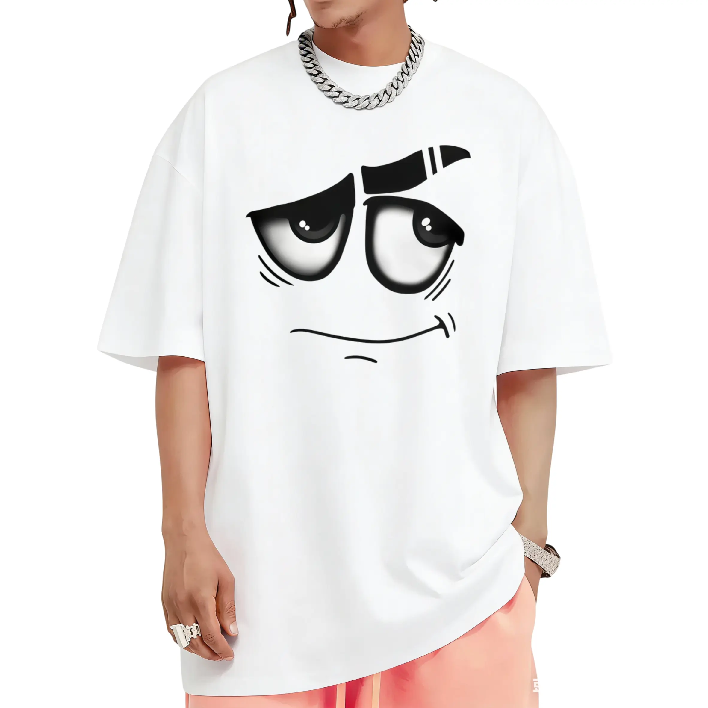 Cartoon Emoji Print Short-Sleeve Slim Fit Long T-Shirt, a Fun and Trendy Casual Streetwear Style, Man, Menswear