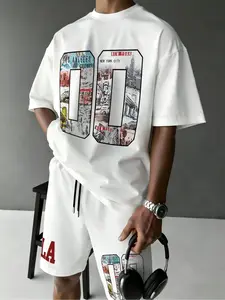 Men's Plus Size Los Angeles Streetwear Number Print Short Sleeve T-Shirt and High Waist Shorts Set, Outfit, Fashionable Casual Trendy Unique Style
