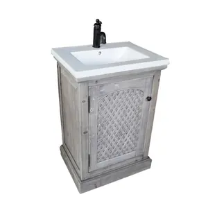 212 MAIN 24 in. Rustic Solid Fir Bathroom Vanity - Grey Finish, Ceramic Single Sink, Faucet Not Included