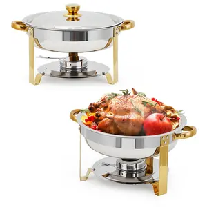 Retro 2-Piece 5QT Round Stainless Steel Chafing Dish Buffet Set, Including Tray, Pans, Handles, Stackable Design, Catering Buffet Warmer and Fuel Holder, for Party, Wedding