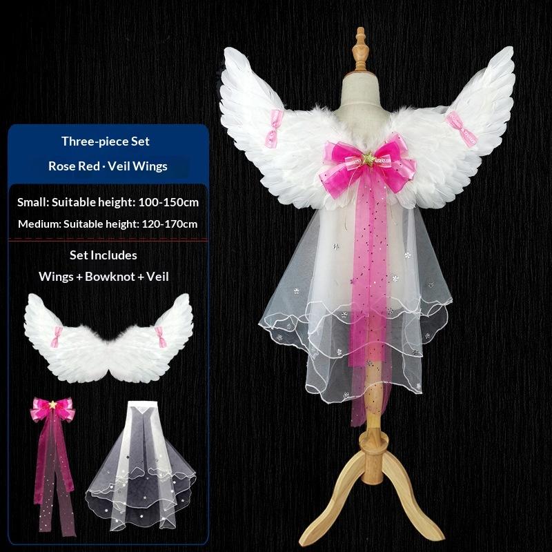 Angel Feather Wings Props for Christmas & Halloween Performance Costume Stage Princess Back Decoration White & Blue Bow