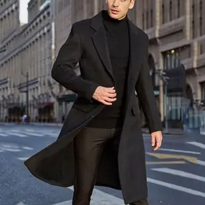 Men’s Casual Slim-Fit Trench Coat with Notched Lapel, Long Jacket/Overcoat, Single-Breasted Pea Coat with Pockets
