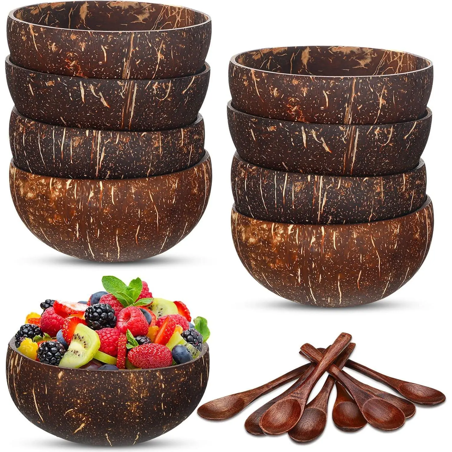 Coconut Bowl Set - 8 Durable Coconut Shell Smoothie & Salad Bowls with 8 Wooden Spoons, Modern Eco-Friendly Tableware for Beach Parties, Picnics & Kitchen Serving, Handwash Recommended