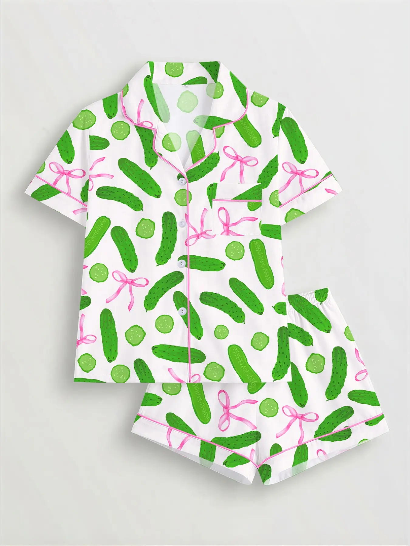 Women's Cucumber Print Sleepwear Set, Loungewear, Short Sleeve Button-Up Top & Elastic Shorts, Casual Fitted Pajamas for All Seasons