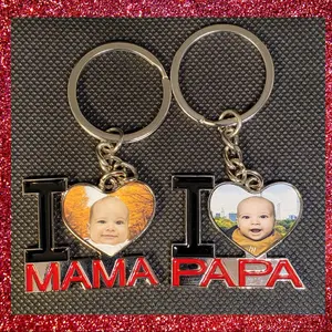 Custom photo keychain personalize mothers day Father's day heart shape i love mama i love papa