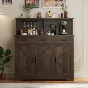 Buffet Cabinet with Microwave Stand,Barn Doors Sideboard Storage Cabinet with Drawers and Shelves,Wood Coffee Bar Cabinet for Kitchen,Living Room,Brown