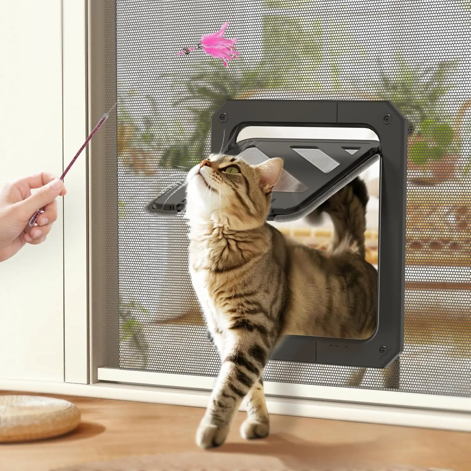 Door for Screen Door, Lockable  Screen Door for Cats & Small Dogs Up to 20 lbs,  Flap Opening 7 x 9 inches, Equipped with Interactive   & Installation Tools, Black