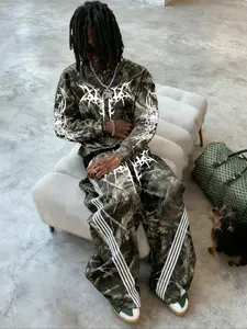 Fashion Street Style Jungle Camo Print Round Neck Sweatshirt and Pants Set, Casual Loose-Fitting Unisex Winter