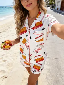 Women's Short Sleeve Pyjama Set, Bottom Chicken Milk Tea Full Print, Casual Funny Style, Comfortable Breathable Home Wear