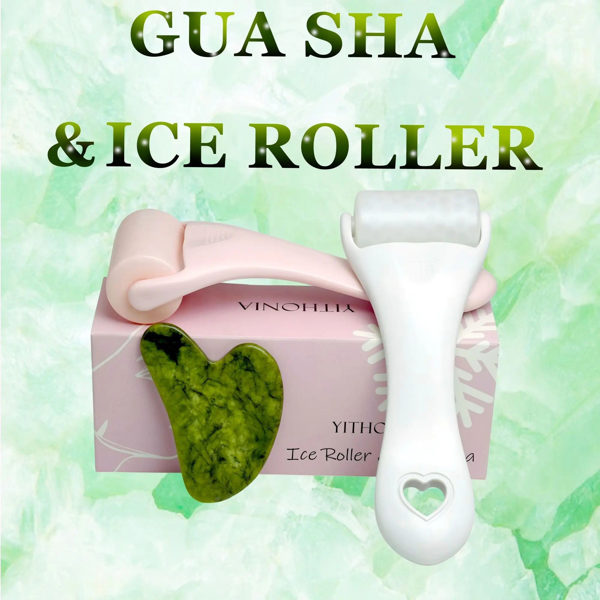 Natural Jade Gua Sha Tool Set with Ice Roller, Light Green Facial Massage Kit, Facial Care Tools, Beauty Tools, Face Massagers for Women, Self-Care Gift Box Included, Single Pack