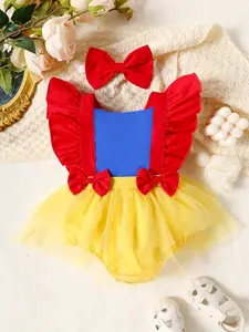 Baby girl Snow White themed jumpsuit in red, blue, and yellow colors with ruffled shoulder straps and a bow, accompanied by a red headband. Cute and playful baby outfit Costume Infant