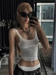 Women’s Stylish Minimalist Sheer Knit Camisole, Slim-Fitting Plain Breathable Sleeveless Top for Casual Elegance, Trendy Low-Cut Layering Piece