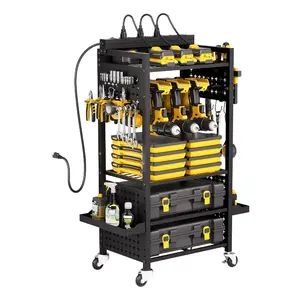 VEVOR 4 - tier Tool Organizer Cart with Charging Station, 8 AC Outlet, Floor Stand Rolling Drill Holder and Tool Battery Storage Rack on Wheels, Garage Floor Rolling Storage Cart for Workshop, GarageVEVOR Super Brand Day