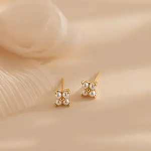 Pearl Ivy Flower Studs by Caitlyn Minimalist - Dainty Floral Stud Earrings - Tiny Pearl Cartilage Earring - Bridesmaid Gift