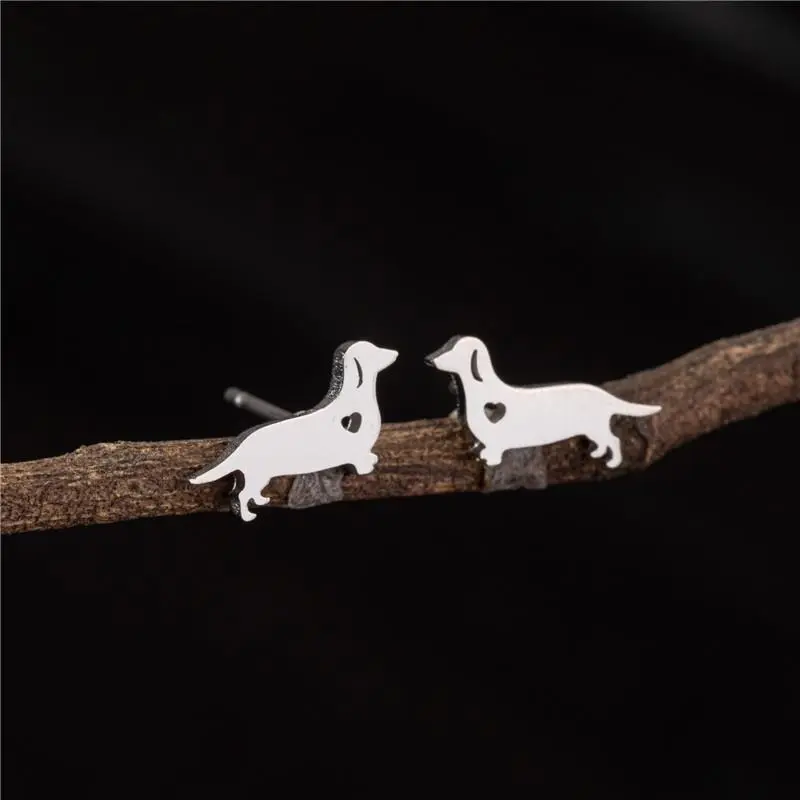Tiny Cute Sausage Dog Earrings for Women Everyday Jewelry Fashion Dachshunds Earing Animal Studs Stainless Steel Ear Accessories