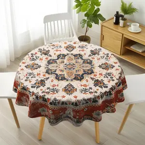 1PC Round Tablecloth, Light Beige Background with Vintage Ethnic Floral Pattern (Black, Orange & Red Motifs) & Red-Brown Textured Border, Decorative Table Linen for Dining Table, Home Decor & Boho-Themed Gatherings
