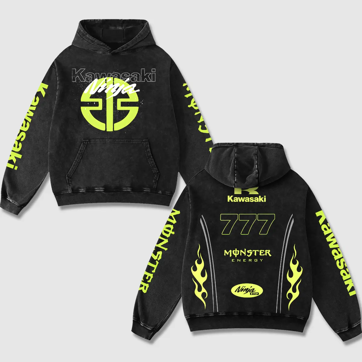 Retro Monster Energy x Kawasaki Ninja Racing 777 Acid Washed Hoodie MotoGP World Champion Enthusiast Apparel Streetwear Racing Team Motorcycle Clothing Motobike Riders Supermotor Off-Road Dirt Bike Fan Gear Cotton For Motor Fan