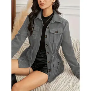 Women's casual olive green jacket - long sleeved, front button, flap pocket, lightweight polyester fiber, perfect match for spring and autumn, fashionable layered item, spring jacketRAIMENTRY