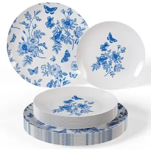 200 Pcs Plastic Disposable Plates Set (100 Guests) I 100 Pcs - 8 Inch Dessert Plates & 100 Pcs - 10 Inch Disposable Plastic Plates | Wedding Party Plates | White & Blue Floral Design Flowers Pack Traditional