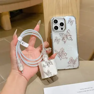 6 Piece Set Transparent Butterfly Phone Case Casing, Charger Head Cover, Cable Protector, Storage Rope, Data Line Protection, Fits iPhone 6-17 Pro Max, Accessories