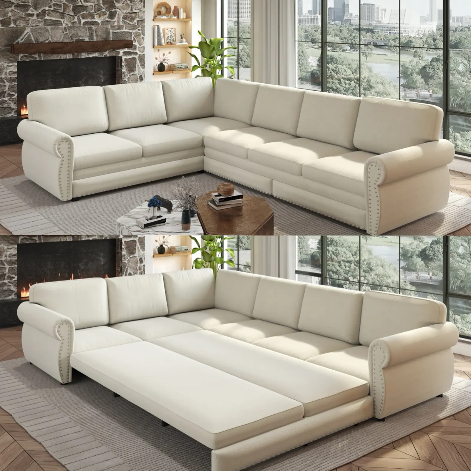 118" Sectional Sleeper Sofa with Pull Out Bed,Oversize Convertible Sleeper Sofa,Comfy Chenille L Shaped Upholstered Sectional Couches with Nailhead Trim, Oversized Modern 6-Seater Couches for Living Room and Apartments