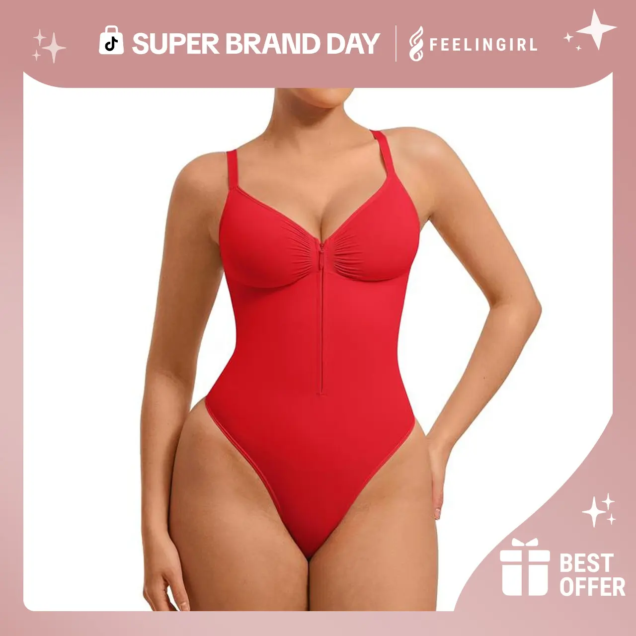 FeelinGirl #Live2 Seamless Covered Bust Jumpsuit Thong Bodysuit Peach heart collar Fit Womenswear Comfort Shapewear Breathable Comfortable Day Tummy Tuck Garment Shaper Clothes Smooth Zipper Spaghetti Strap