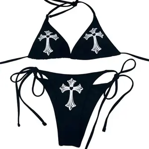 Gothic Cross Heart Y2K Bikini Set – Black All Sizes, Active Wear Tops, Summer Swimwear, Athletic Bikini Set, Trendy Women's Pool & Beachwear Outfits