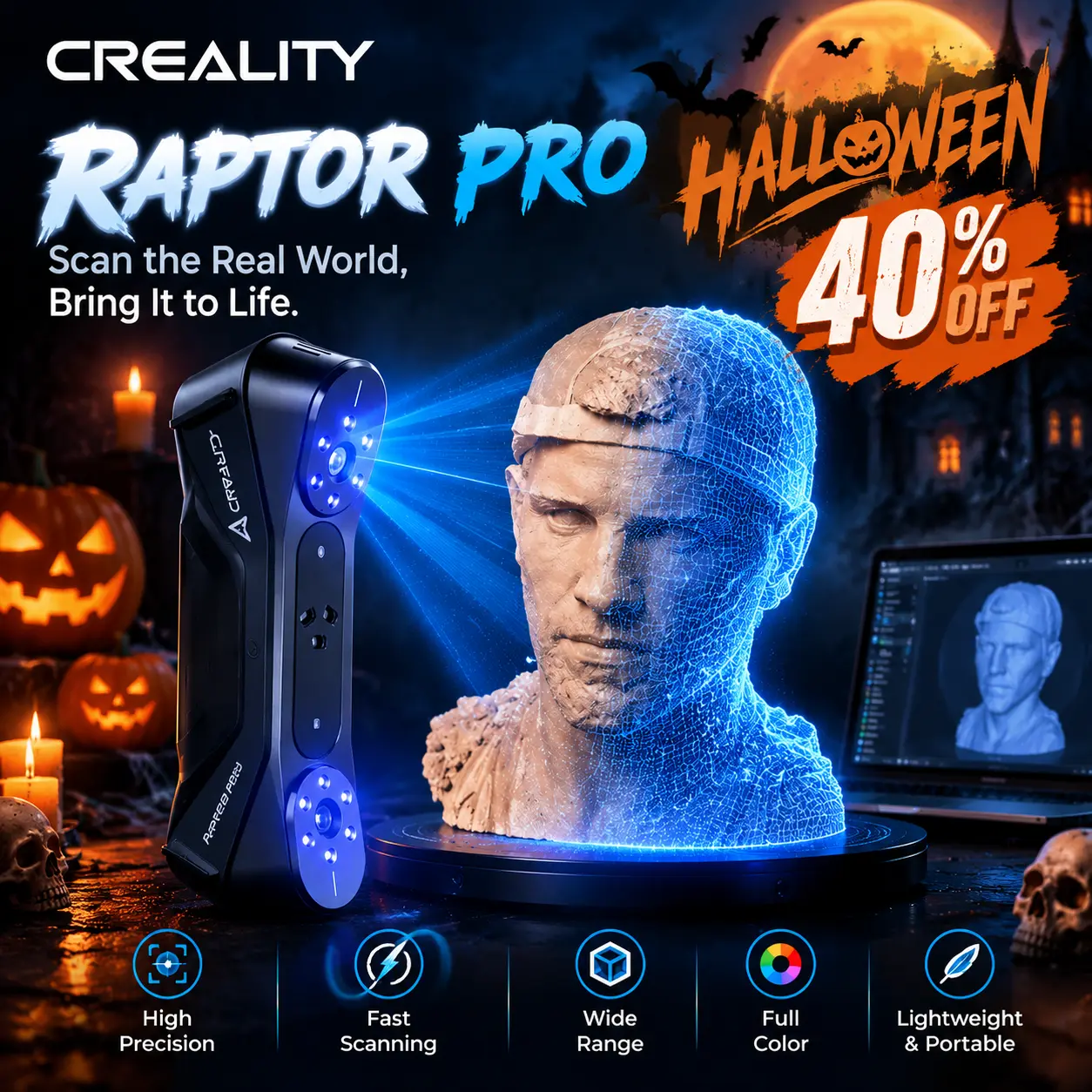 Creality Raptor Pro 3D Scanner - 22+7 Blue Laser Lines, 60fps, Portable, Blue Light Mode, NIR Mode, Structured Light, Precision Scanning, Reverse Engineering, Windows Compatible, for 5-4000mm Objects