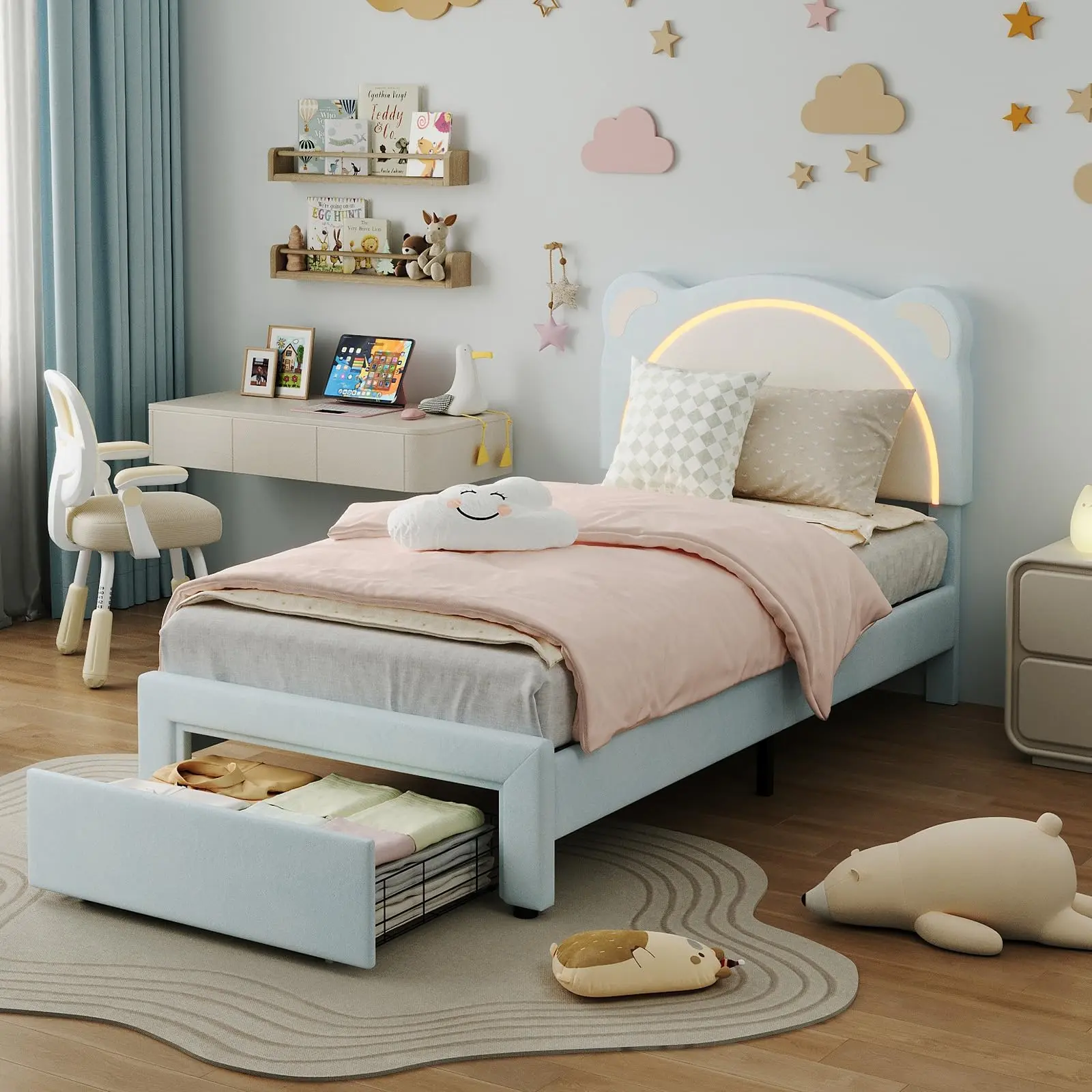 Garvee Twin XL Size Bed Frame with LED Lights, Adjustable Headboard, Storage Drawers, Noise-Free Design, Soft Velvet Fabric, Solid Wood Slat Support - Blue, Cute Bear Theme for Comfortable Sleep