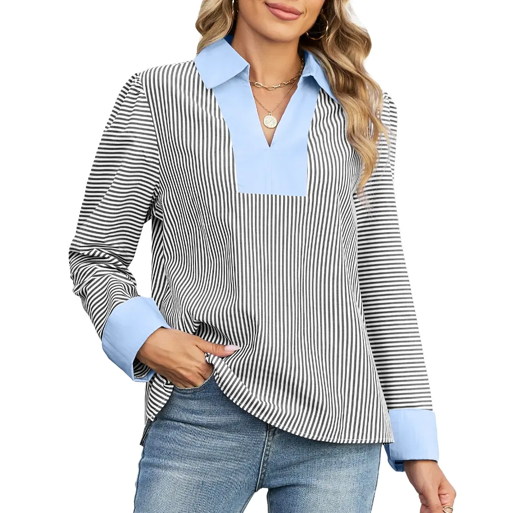 Dokotoo Womens Striped V Neck Long Sleeve Top Casual Loose Fit Cotton Shirt Pullover Blouse Daily Wear