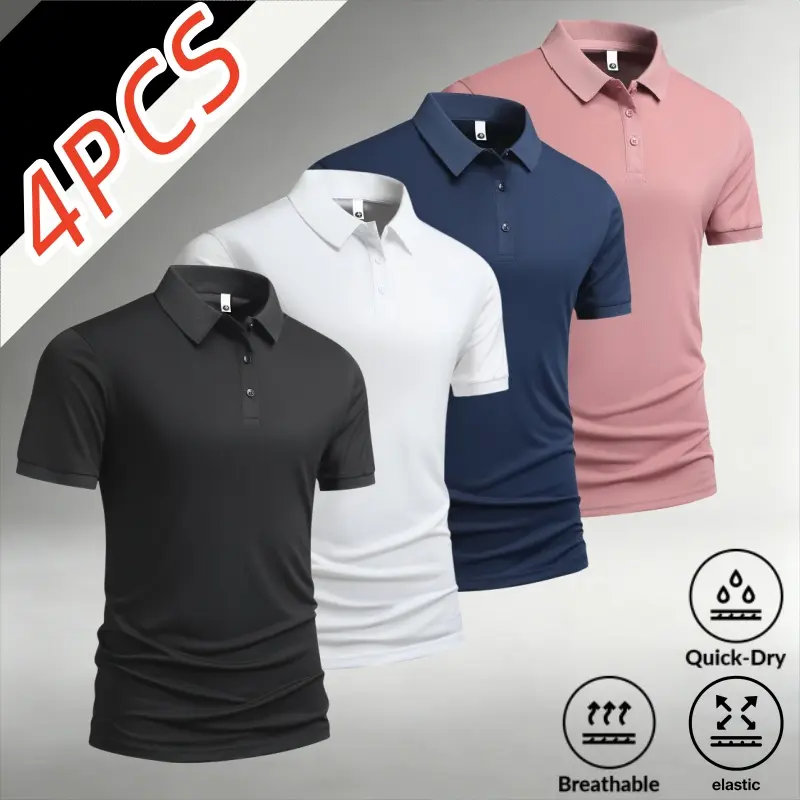 4-Pack Men’s Solid Color Quick-Dry Short Sleeve Polo Shirts, Breathable for Summer with High Stretch, Turn-Down Collar and Three-Button Design, Slim Fit Versatile Top for Business Casual and Sports sohochic