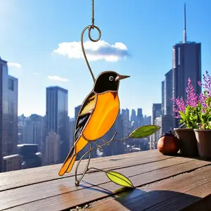 Handmade Stained Glass Baltimore Oriole Suncatcher: Bird Ornament