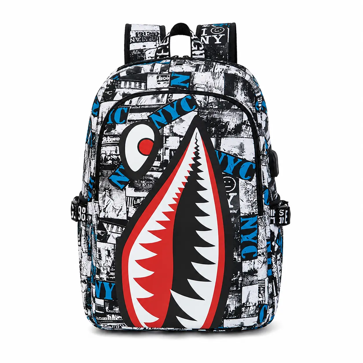 Sprayground NYC Graffiti Shark Mouth Print Large-Capacity Backpack, Sports & Outdoor Gym/Shoulder Bag for Teen Boys