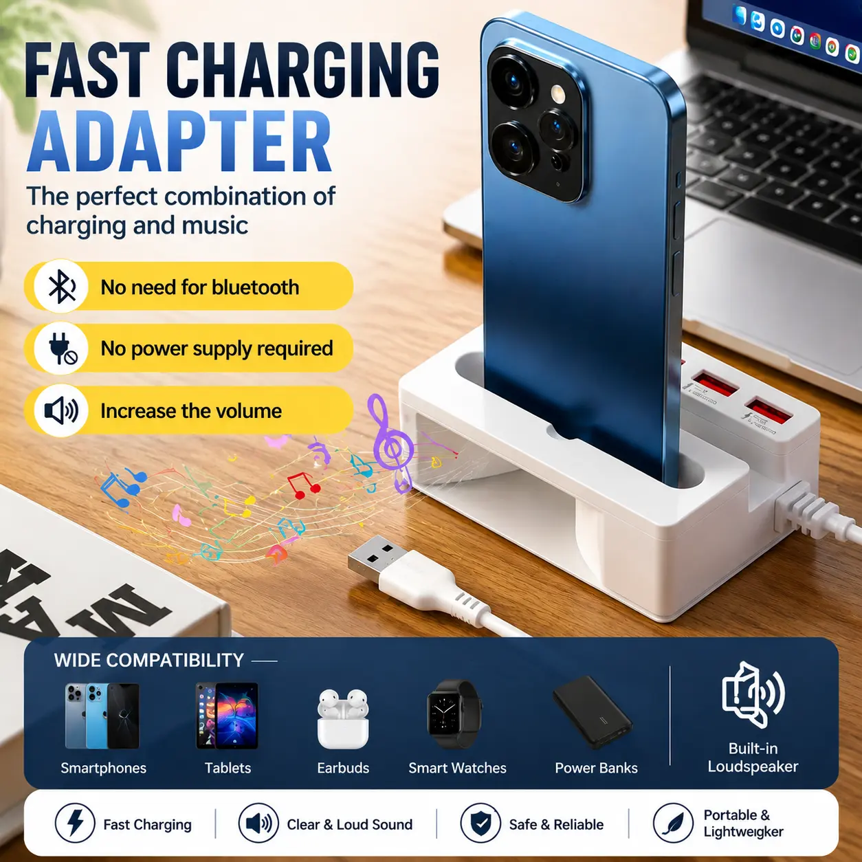 Fast Charging Adapter with Built-in Loudspeaker - No Bluetooth Required, No Power Supply Needed, Increase Volume, Wide Compatibility for Smartphones Tablets Earbuds Smart Watches Power Banks
