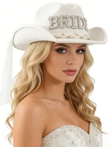 Bride Party Essential! Rhinestone Pearl Western Cowboy Hat, Large Brim Veil Wedding Photo Prop, Bride Western Cowboy Hat, Wedding Single Party Atmosphere Cap