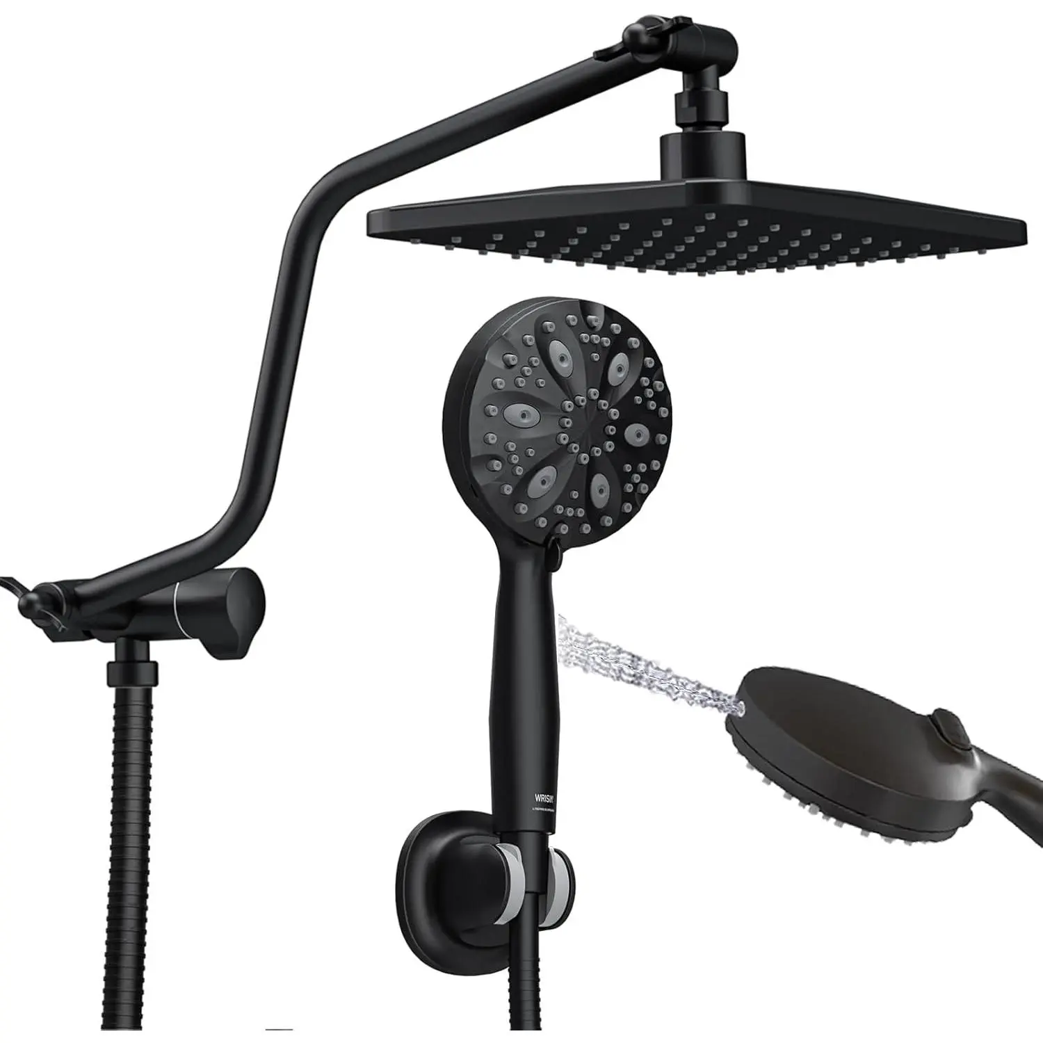 Matte Black 10-Inch Rain Showerhead Combo with 7 Distinct Functions Handheld Showerhead, Adjustable Height Metal Shower Extension Arm, Stainless Steel Hose, Bathroom Shower System Set