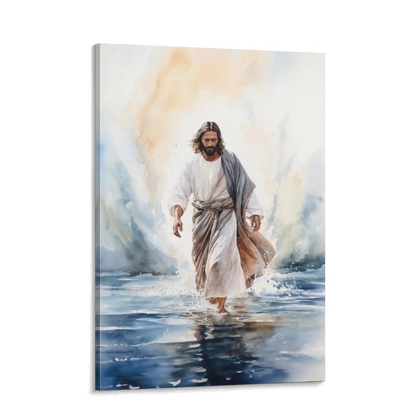 Jesus Walking on Water Canvas Wall Art, Christian Watercolor Painting, Religious Bible Decor for Living Room, Prayer Room, Church, Faith Gift