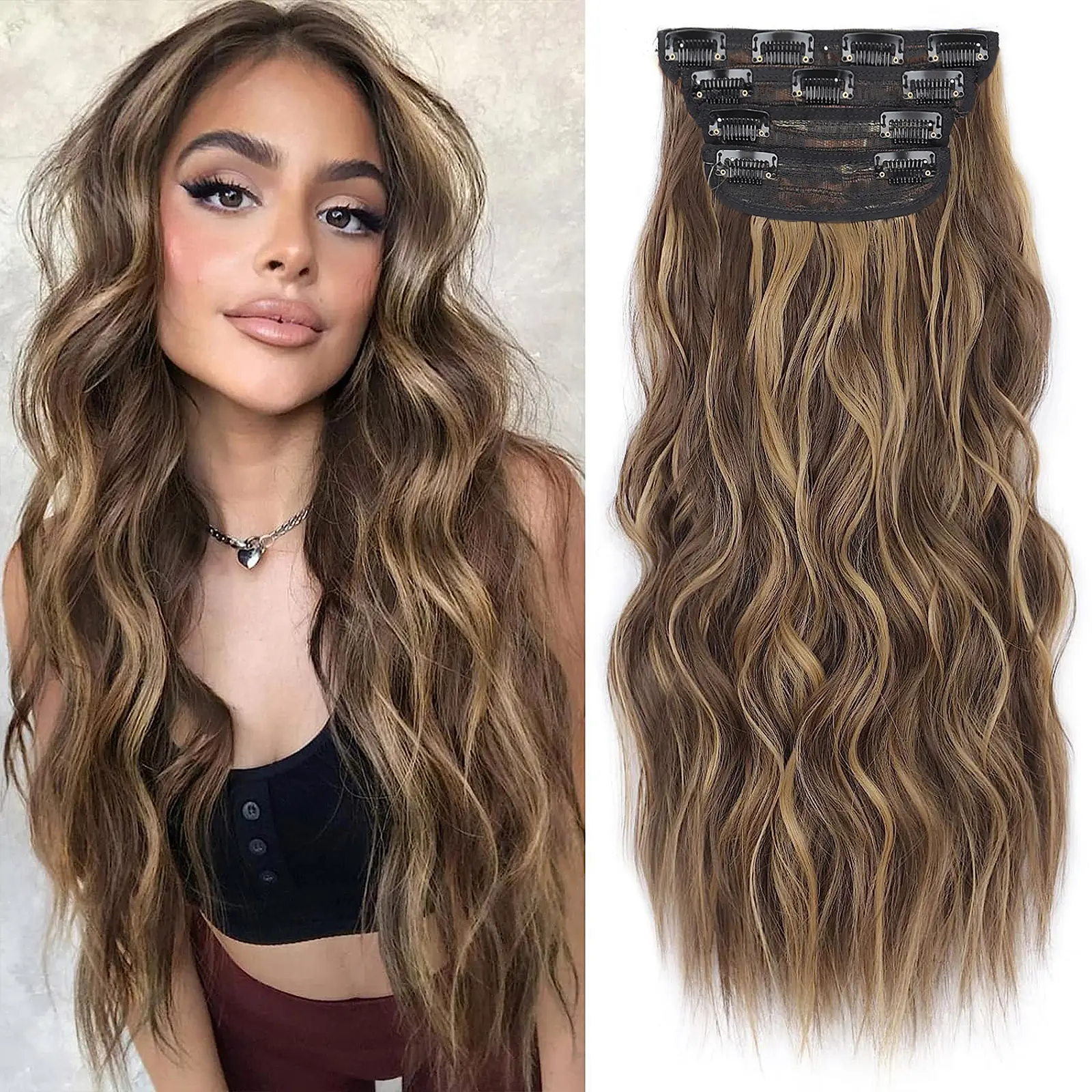 Missqueen Beauty Clip in Long Wavy Synthetic Hair Extensions 20 Inch Brown Thick Hairpieces for Women