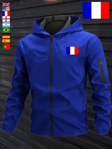 Men's Blue Flag Print Windproof Jacket, Hooded Casual Street Style, Quick Dry Outerwear for Camping Hiking Cycling