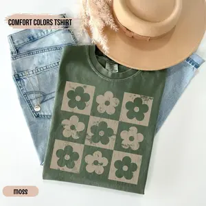 Comfort Color Checkered Flowers Shirt Retro Flowers T-shirt Boho Floral Tshirt Gift for Mom Spring, Casual Summer Outfits, Full Colors