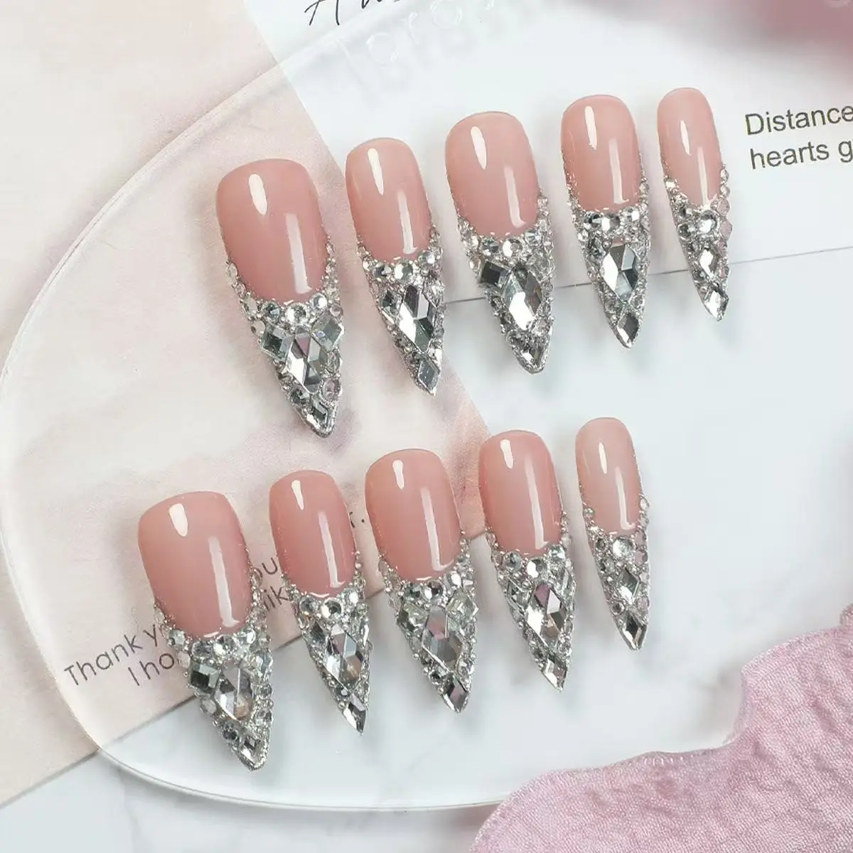 10pcs hand-painted three-dimensional square diamonds, dazzling full of diamonds handmade fake nails, Handmade press ons, Bling Rhinestone, Super long length, Suitable for important banquets, birthday parties, anniversary celebrations, Decorative nails