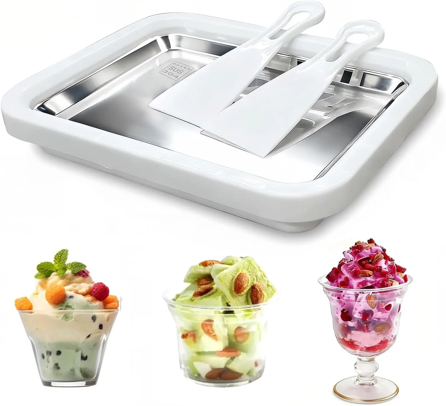 Rolled Ice Cream Maker with 2 Scrapers Food Grade Stainless Steel rolled ice cream tra for Frozen Yogurt/Slushie Birthday Gift Homemade DIY for Fun Parent-Child Activities Families (White) summerwins