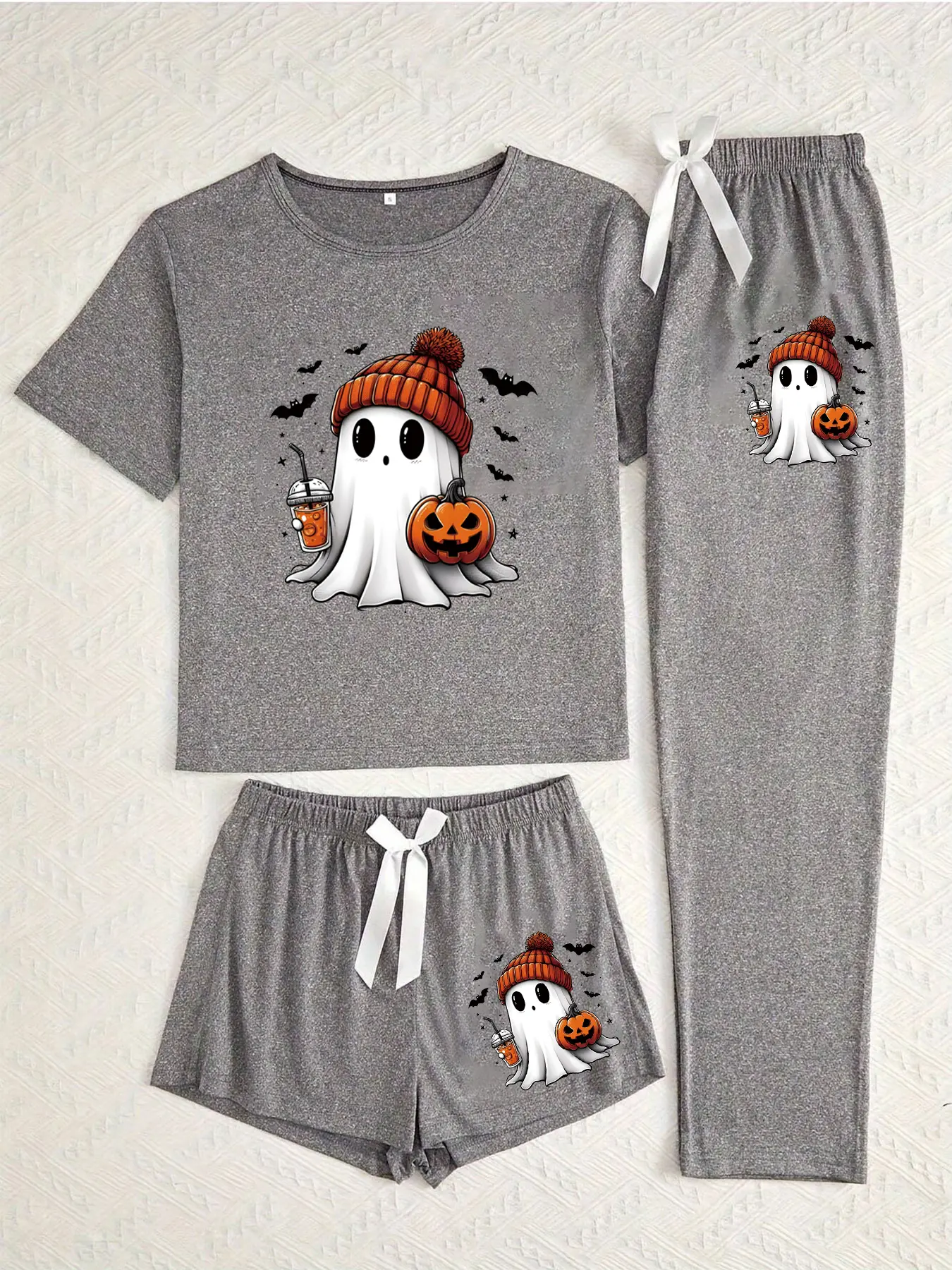 Halloween Ghost Pumpkin Print Pajama Set for Women, Casual Fitted Sleepwear, All Seasons Comfortable Nightwear, Moderate Fabric, Sleepwear Loungewear Set, Matching Pj Set, Matching Pajamas Set, Casual Comfy Pyjama