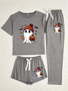 Halloween Ghost Pumpkin Print Pajama Set for Women, Casual Fitted Sleepwear, All Seasons Comfortable Nightwear, Moderate Fabric, Sleepwear Loungewear Set, Matching Pj Set