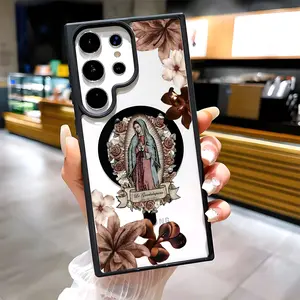 Retro Floral & Virgen Guadalupe Clear Magnetic Phone Case, Compatible with MagSafe Silicone Bumper Protective Cover For Samsung S25 S24 S23 S22 Ultra Plus FE, Cute Catholic Faith , Religious Gift, Virgin Mary