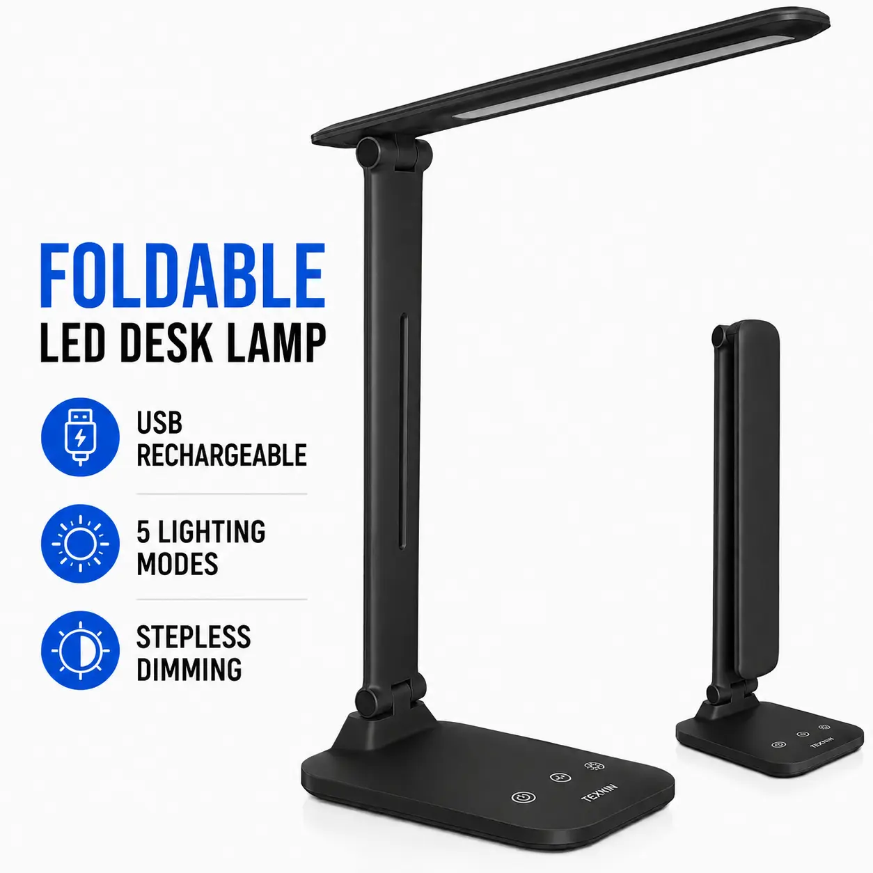 Rechargeable LED Desk Lamp, 5 Light Modes & Stepless Dimming, Foldable Portable Table Light for Study, Reading, Dorm & Office